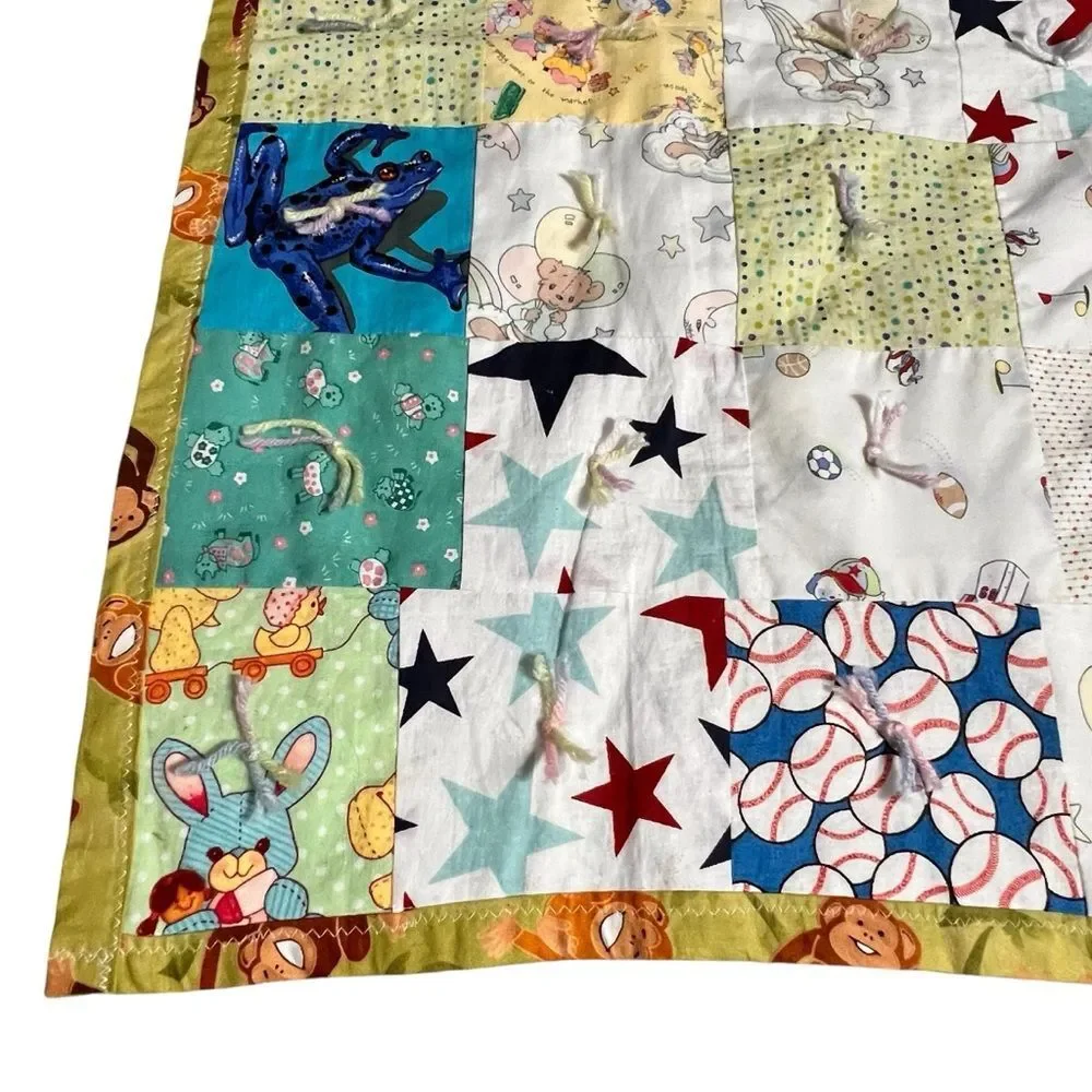Homemade Monkey Patchwork Baby Quilt with Mixed  Quilt Squares Handcrafted 36x31